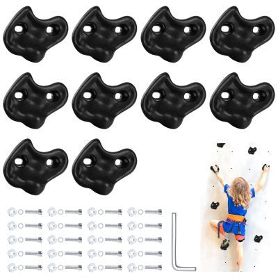 10PCS Black Rock Climbing Holds, Rock Climbing Wall for Kids, Extra Large Size Climbing Rock Wall Grips with Mounting Hardware and Wrench for Indoor Outdoor Playground, Installed on Wooden Board