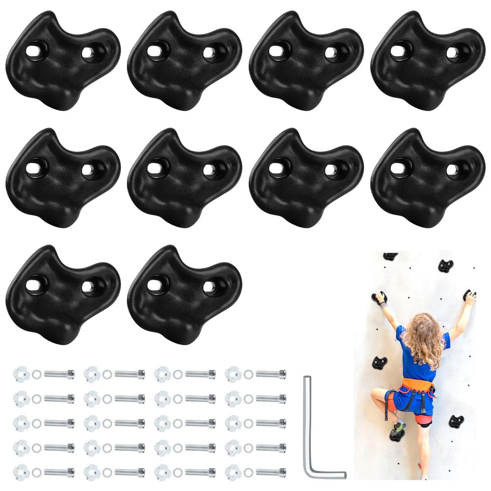 10PCS Black Rock Climbing Holds, Rock Climbing Wall for Kids, Extra Large Size Climbing Rock Wall Grips with Mounting Hardware and Wrench for Indoor Outdoor Playground, Installed on Wooden Board