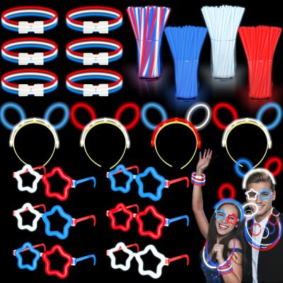 180 Pcs 4th of July Light Up Party Favors,12 Red White Blue Star Glasses 6 Headbands 12 Bracelets 150 Patriotic Glow Sticks Bulk with Connectors Glow in the Dark Party Supplies 250th Anniversary USA