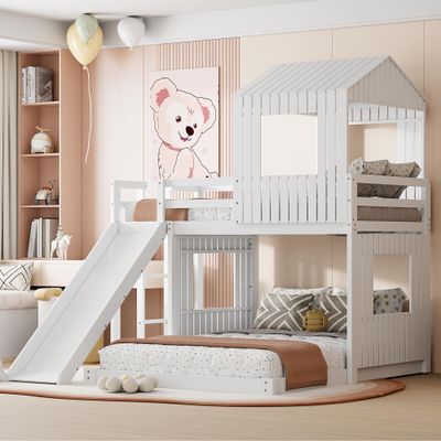 SOFTSEA Twin Over Full House Bunk Bed with Slide, Wood Playhouse Bunk Bed with Window for Kids, White