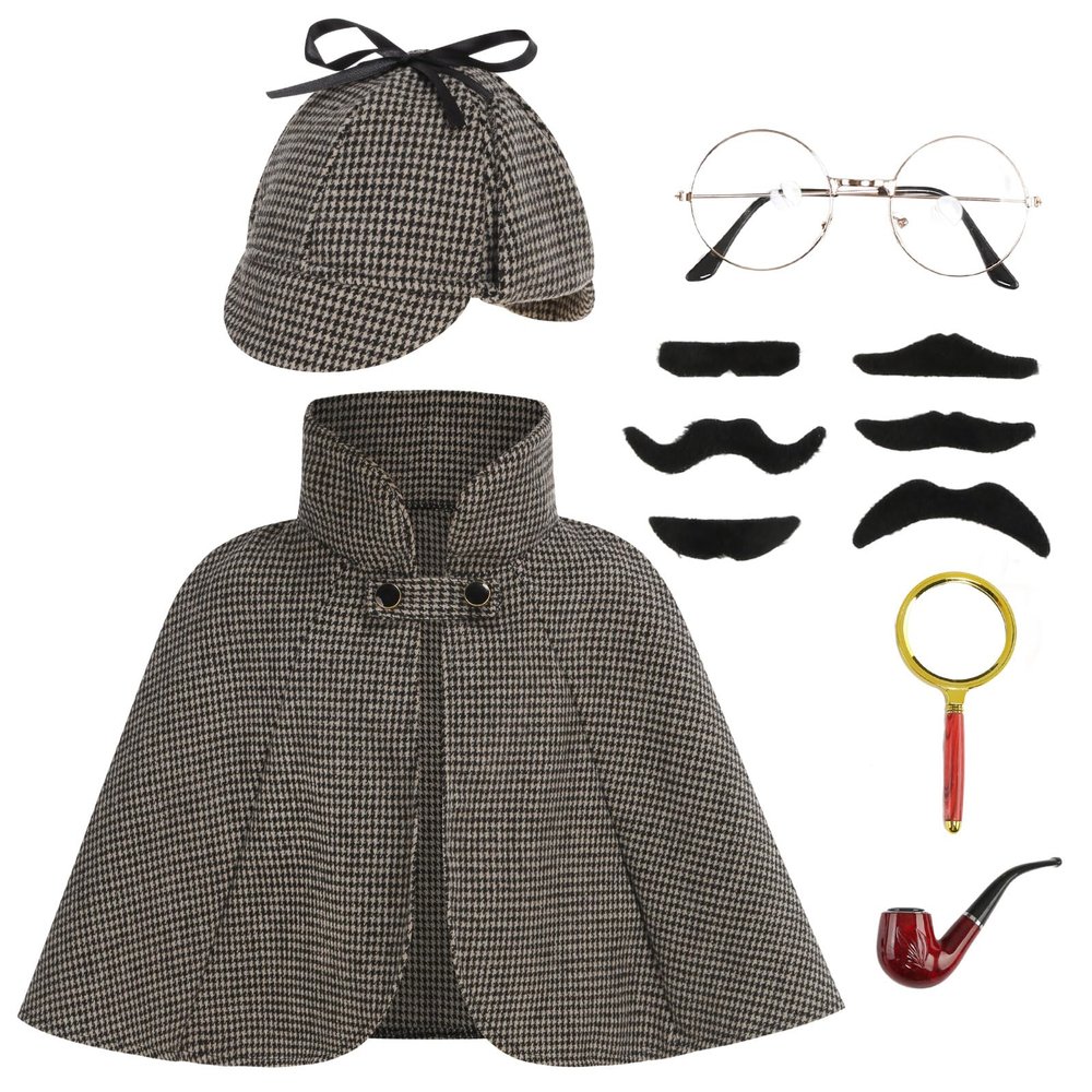 GRAJTCIN Kids Detective Costume Sherlock Holmes Boys and Girls Inspector Cape and Accessories Halloween Party Outfit (Gray,19.69")