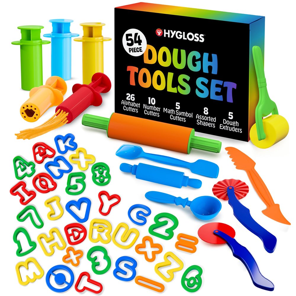 Hygloss 54 Pcs Dough Tools Set  Dough Cutters +Dough Extruders+Numbers & Alphabet Cutters Set  Educational Modeling Clay Tools  Preschool Toys & Toddler Activities  Arts & Crafts for Kids Ages 3-5