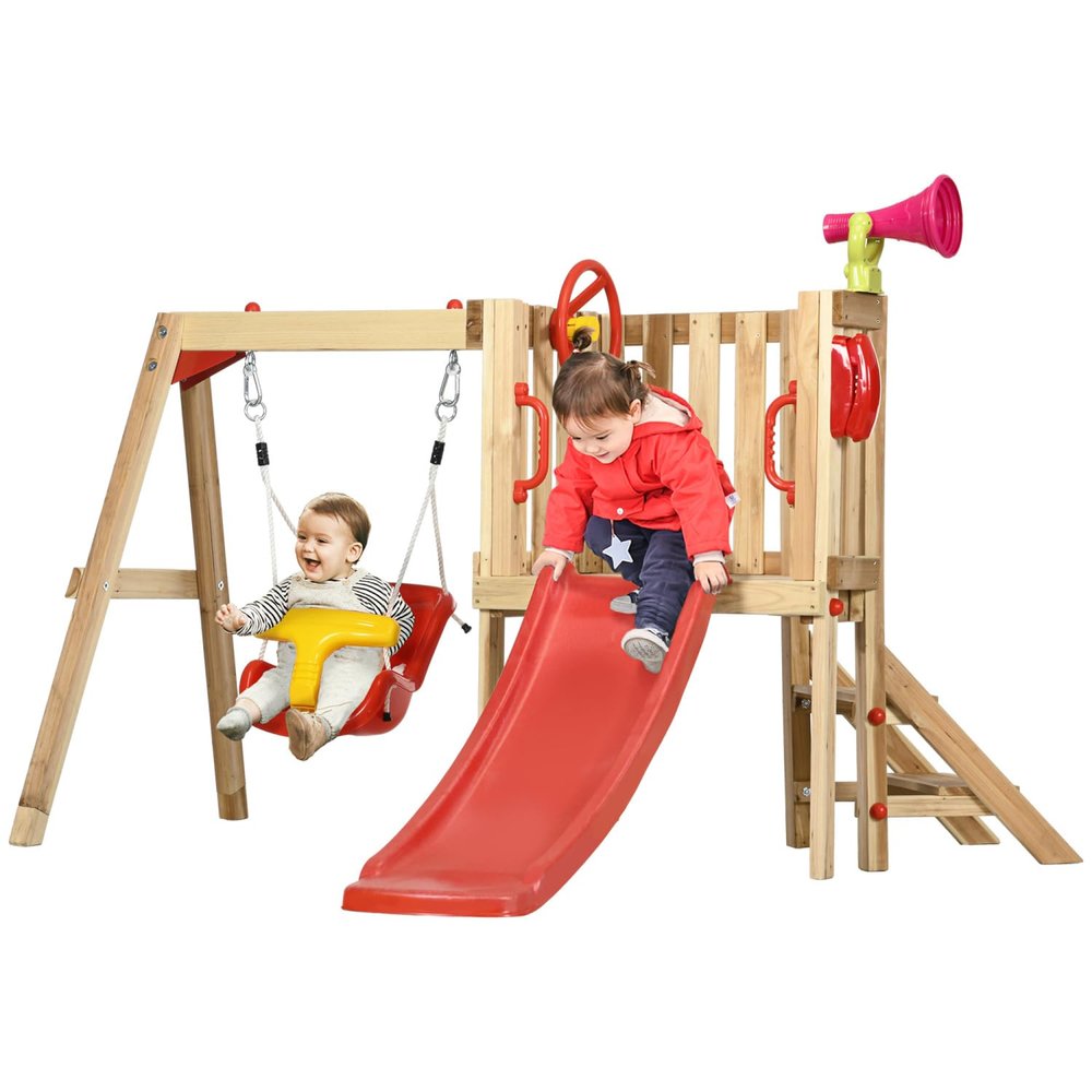 4-in-1 Wooden Swing Set for Kids, Toddler Slide & Swing, Captain's Wheel & Horn, Backyard Playground