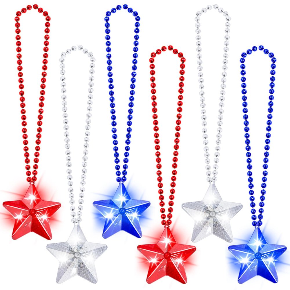 6 Pack 250th Anniversary 4th of July Party Favor LED Light Up Necklaces,Red White Blue Necklaces Accessories Decorations Party Supplies, Patriotic Stars Beads for Adults Kids National Independence Day