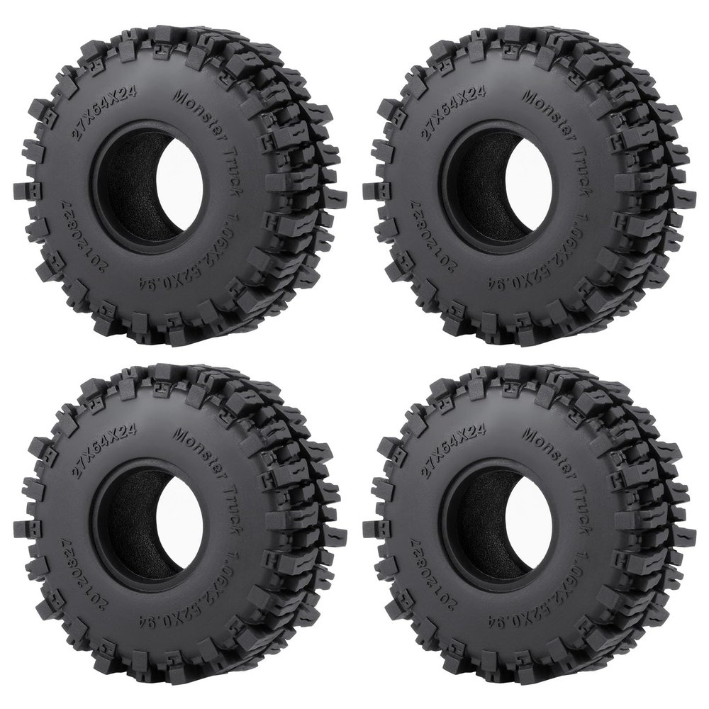 4Pcs JGGZONE Rubber 1.1" Crawler Mud Terrain Tires Super Grip Soft Tyre OD 64mm RC Mud Tyres Tires with Foam Inserts Compatible with 1/18 Traxxa TRX4M Redcat Ascent-18 RC Car Upgrades (Black B)