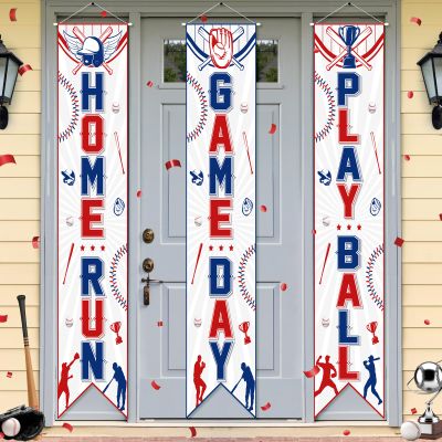 3PCS Baseball Porch Sign Banners,Baseball Sports Party Decorations Welcome Hanging Baseball Door Banner for Wall Yard Birthday Game Time Day Festival Party Supplies Decor School Home Indoor Outdoor