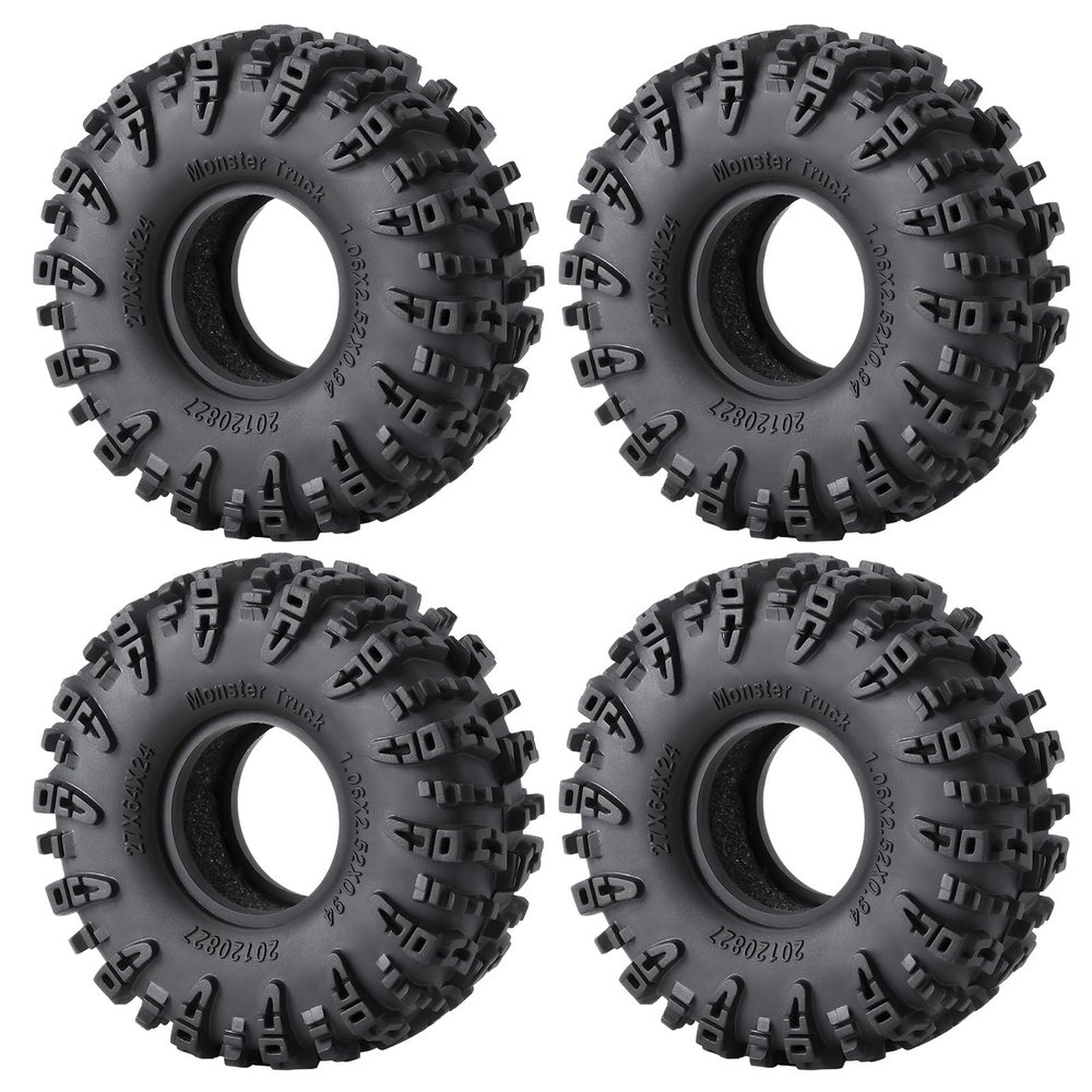 4Pcs JGGZONE Rubber 1.1" Crawler Mud Terrain Tires Super Grip Soft Tyre OD 64mm RC Mud Tyres Tires with Foam Inserts Compatible with 1/18 Traxxa TRX4M Redcat Ascent-18 RC Car Upgrades (Black A)