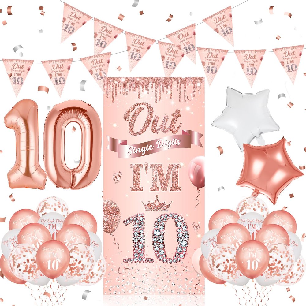 36pcs Rose Gold 10th Birthday Decorations for Girls Peace Out Single Digits Happy 10th Birthday Door Banner Cover Balloons 10 Year Old Decorations Girls Ten Year Old Supplies