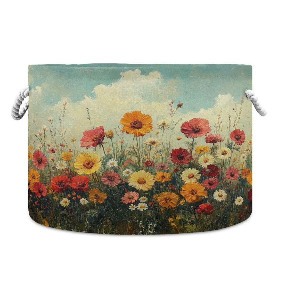 KEEPREAL 20x14 Inch Foldable Toy Storage Basket - Round Waterproof Wild Flowers Oil Painting Laundry Basket with Cotton Handles for Kids Room, Bathroom, Car, Closet Organizing #438