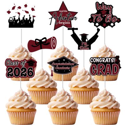 2026 Graduation Cupcake Toppers, 48 Pcs Class of 2026 Cupcake Toppers Congrats Grad Cupcake Picks for Dessert Food Pizza for Graduation Party Decorations (Maroon Black)