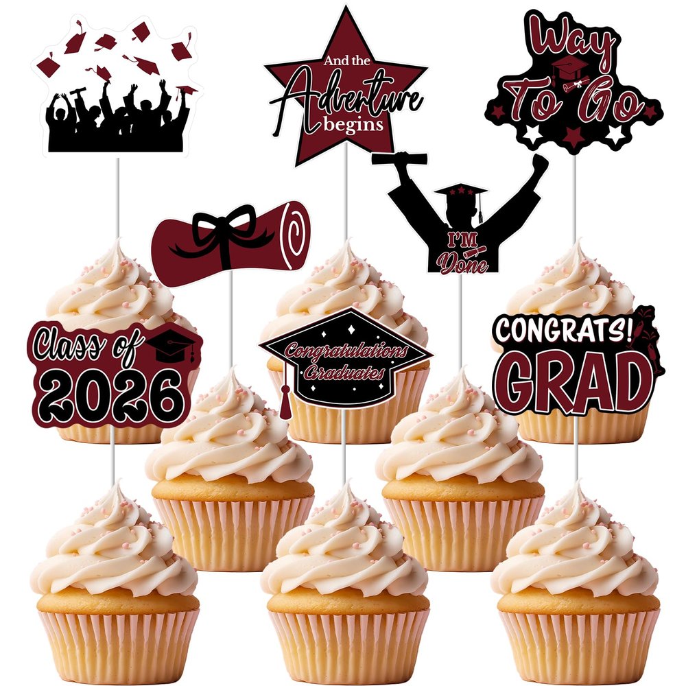 2026 Graduation Cupcake Toppers, 48 Pcs Class of 2026 Cupcake Toppers Congrats Grad Cupcake Picks for Dessert Food Pizza for Graduation Party Decorations (Maroon Black)