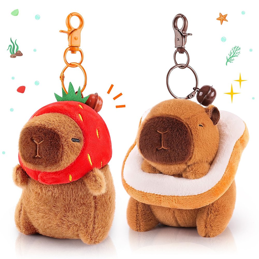 Achwishap 2PCS Capybara Plush Keychain,Cute Keychain Capybara Stuffed Animal,Soft Capybara Plushies Toys Key Chain,Kawaii Plush Stuffed Toys for Kids Adults Birthday Gifts(Strawberry Hat,Bread)
