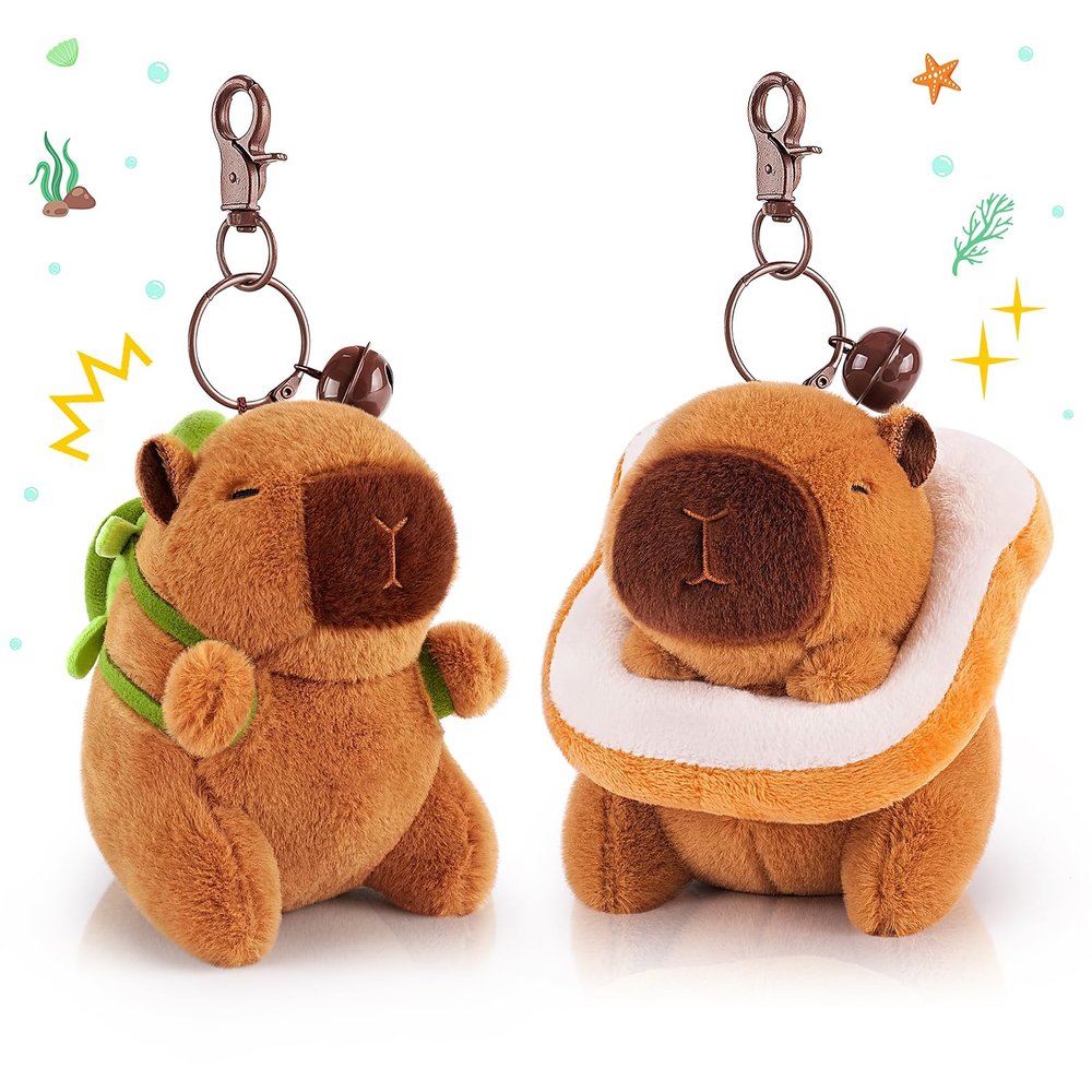 Achwishap 2PCS Capybara Plush Keychain,Cute Keychain Capybara Stuffed Animal,Soft Capybara Plush Toys Key Chain,Kawaii Plushie Stuffed Toy for Student Kids Adult Birthday Gifts(Turtle,Bread)