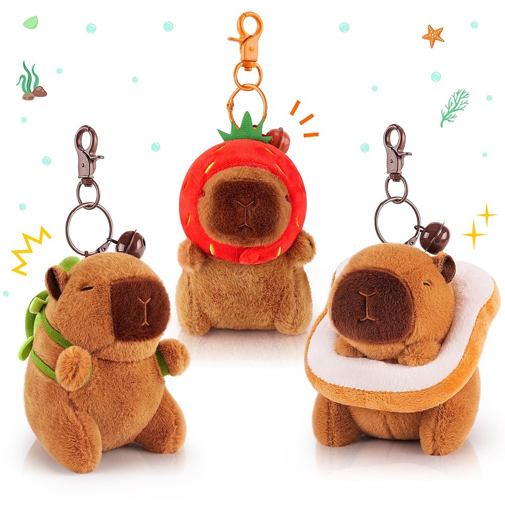 Achwishap 3PCS Capybara Plush Keychain,Cute Keychain Capybara Stuffed Animal,Capybara Plush Toys Key Chain,Kawaii Plushie Stuffed Toys for Kids Adults Birthday Gifts(Turtle,Strawberry Hat,Bread)