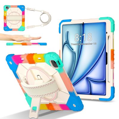 Tablet Travel Rugged Case Compatible with iPad Air 13 Inch M2 2024, Heavy Duty Protective Cover with Adjustable Stand and Shoulder Strap, with Hand Strap, Case for Kids Friendly Tablet Prot