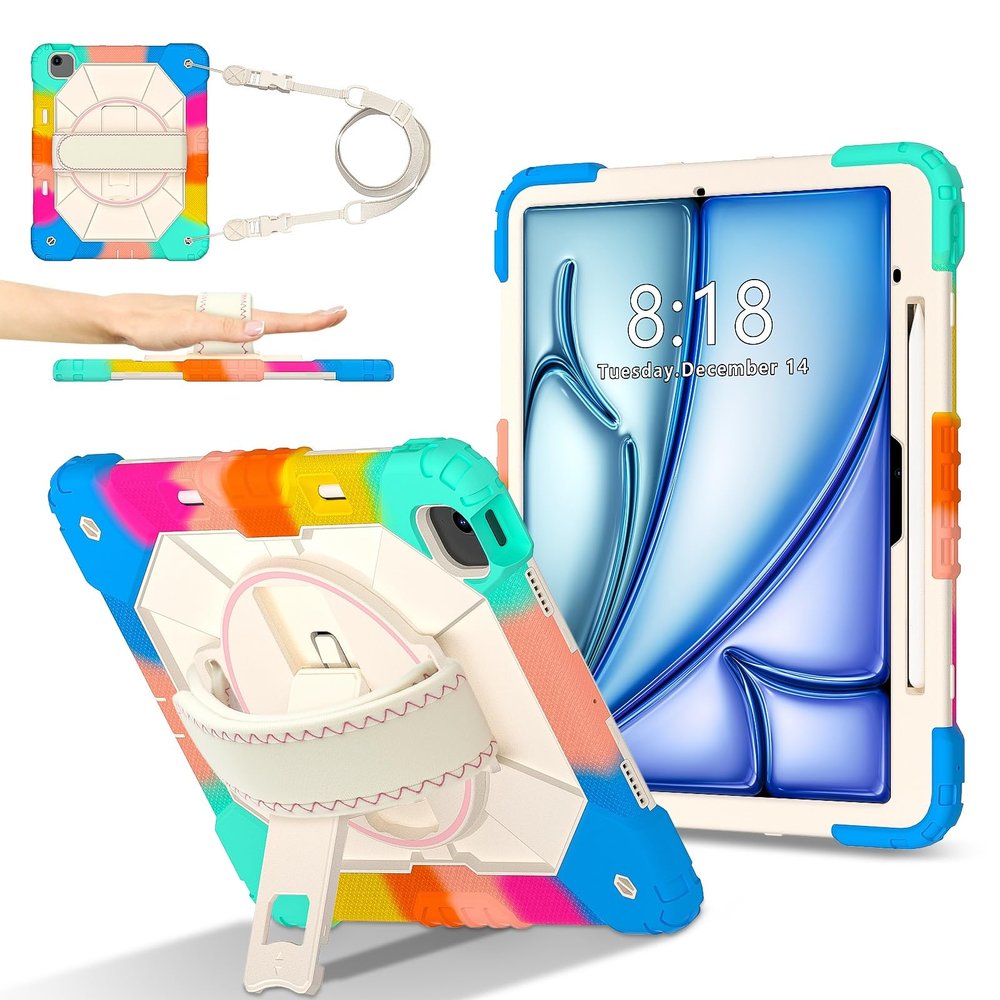 Tablet Travel Rugged Case Compatible with iPad Air 13 Inch M2 2024, Heavy Duty Protective Cover with Adjustable Stand and Shoulder Strap, with Hand Strap, Case for Kids Friendly Tablet Prot