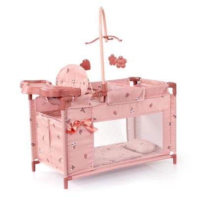 Bayer Design 62626AA Dolls Bed with Integrated high Chair, Changing Table, Mobile, Cushion and Blanket, 3 Hangers, Wardrobe compartement