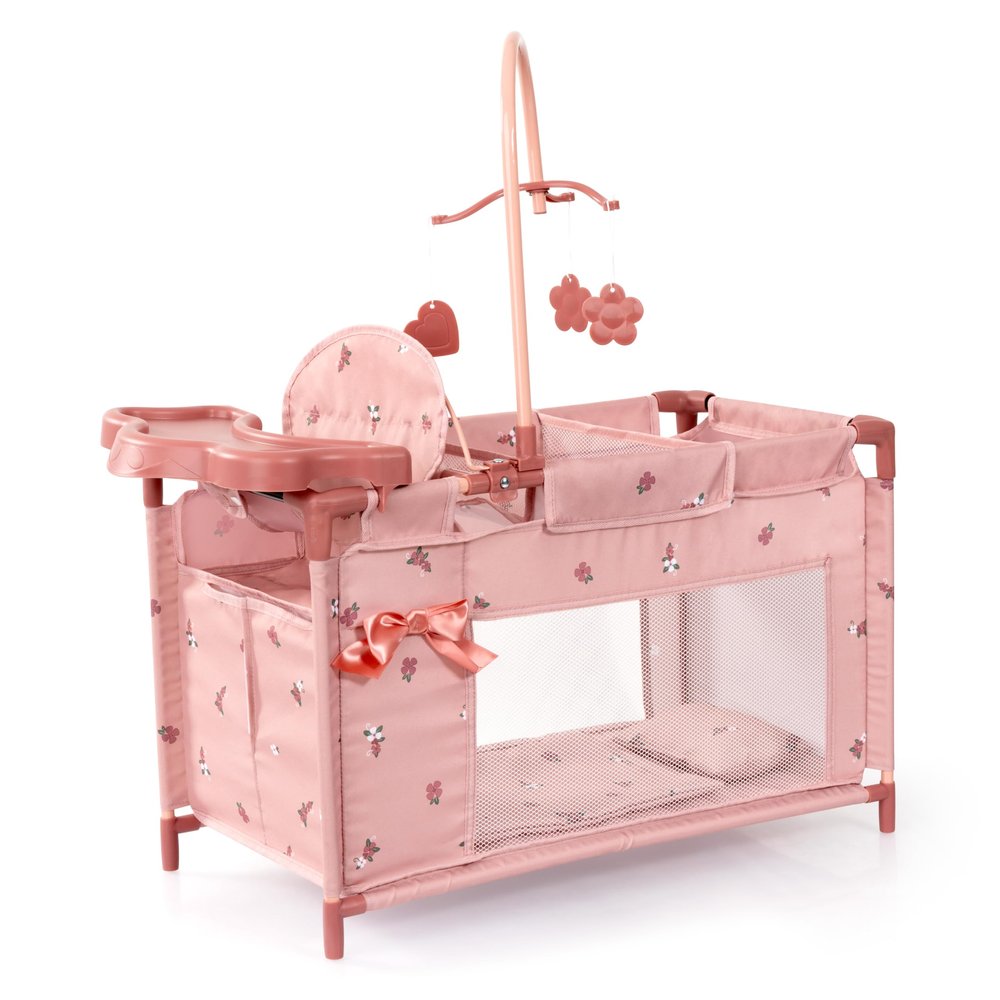 Bayer Design 62626AA Dolls Bed with Integrated high Chair, Changing Table, Mobile, Cushion and Blanket, 3 Hangers, Wardrobe compartement