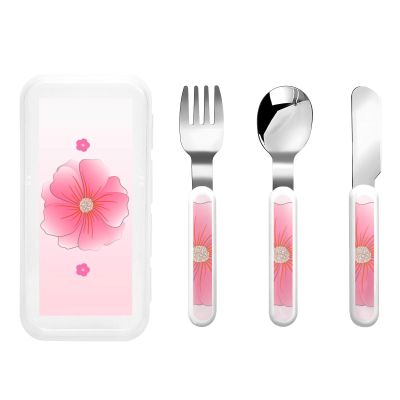 Blooming carnations Children's three-piece knife, fork and spoon set, stylish white handle and portable box 6.33.1 inches