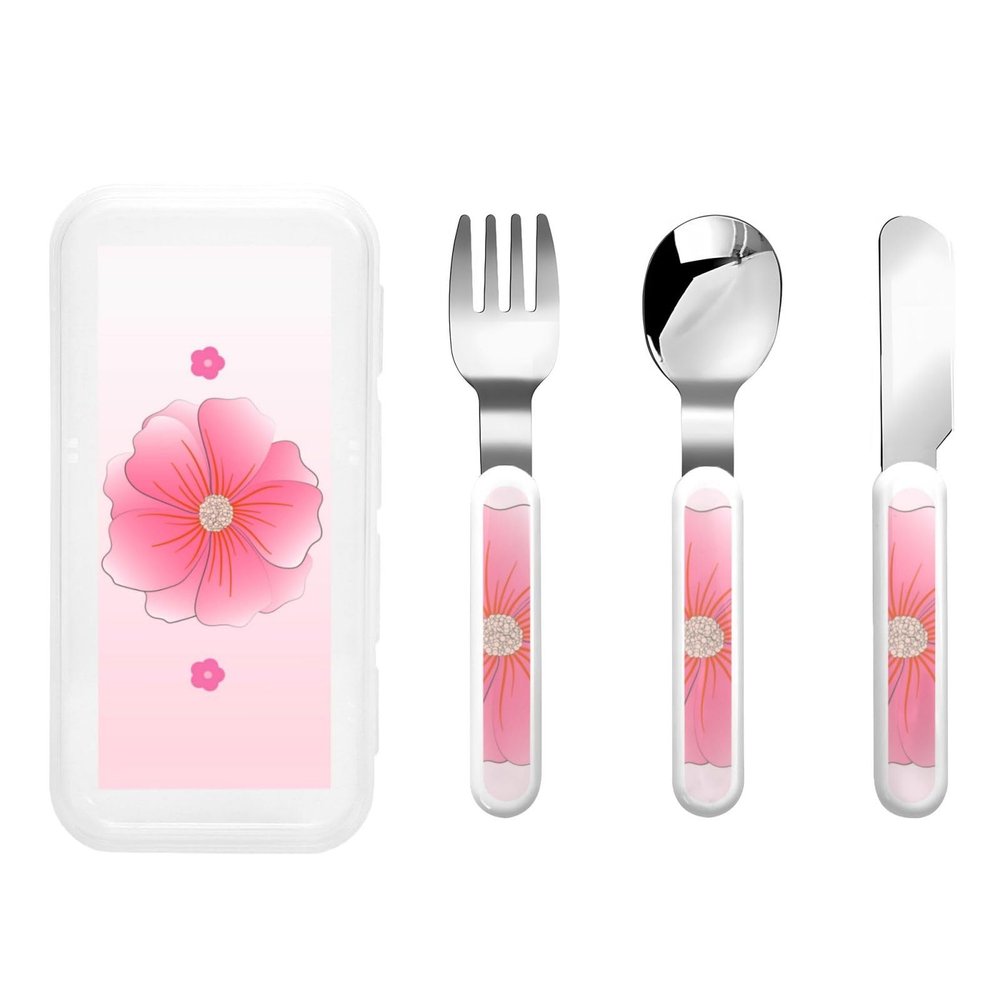 Blooming carnations Children's three-piece knife, fork and spoon set, stylish white handle and portable box 6.33.1 inches