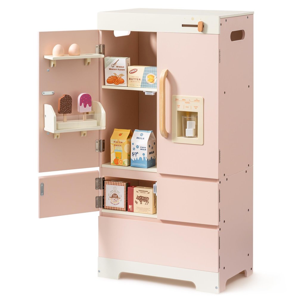 ROBOTIME Wooden Play Kitchen Fridge, Toddler Kitchen Refrigerator, Kids Refrigerator for Play Kitchen, Toy Fridge for Boys and Girls Ages 3+