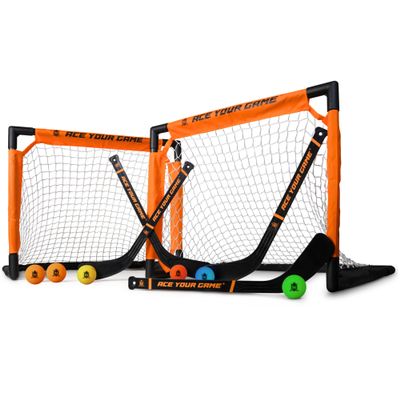 ACE HOCKEY - Shinny Hockey Set - Complete 4-Player Indoor/Outdoor Kit - Knee Hockey Goal Set (2) Goals, (2) Mini Sticks, and (6) Foam Balls - Mini Hockey Set