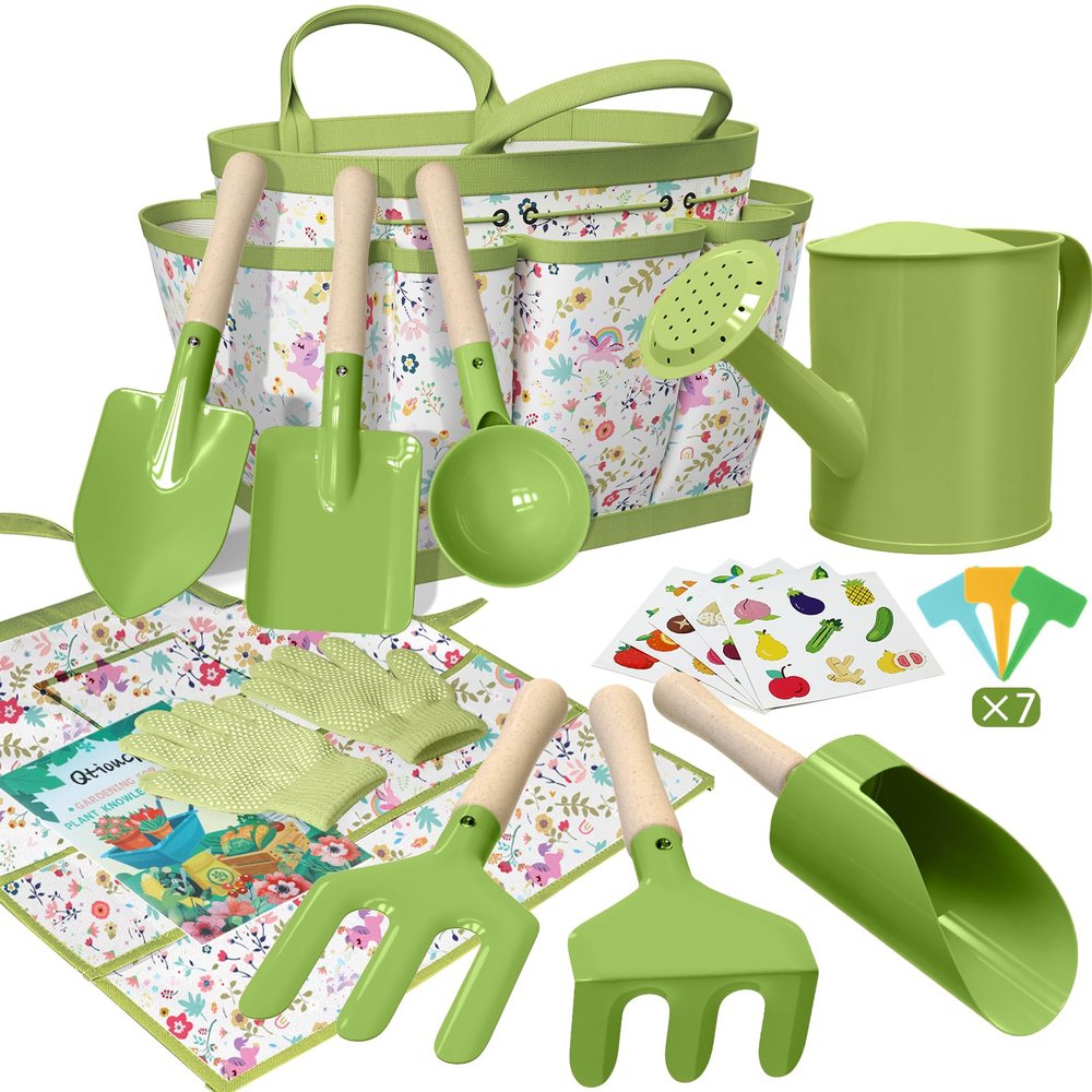 Kids Gardening Set 14Pcs Gardening Tools for Kids with Tote Bag,Watering Can, Shovel, Apron, Garden Book and More Educational STEM Learning Outdoor for Toddlers Boys Girls (Green-1)