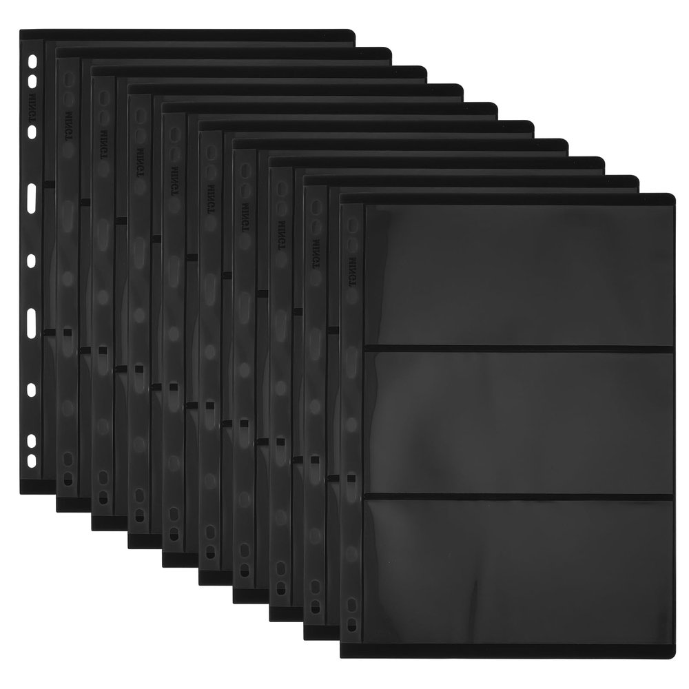 LUOZZY 10 Pcs Double Sided Stamp Album Pages for Collectors 9 Hole Binder Sheets Black Background Triple Row Insert
