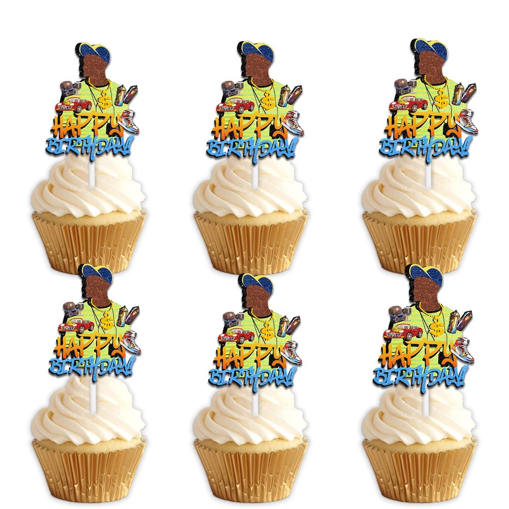18pcs Green Glitter Happy Birthday Dessert Cupcake Topper Pick for Hip Hop Boy Theme Decor Supplies Men Happy Birthday Party Decorations