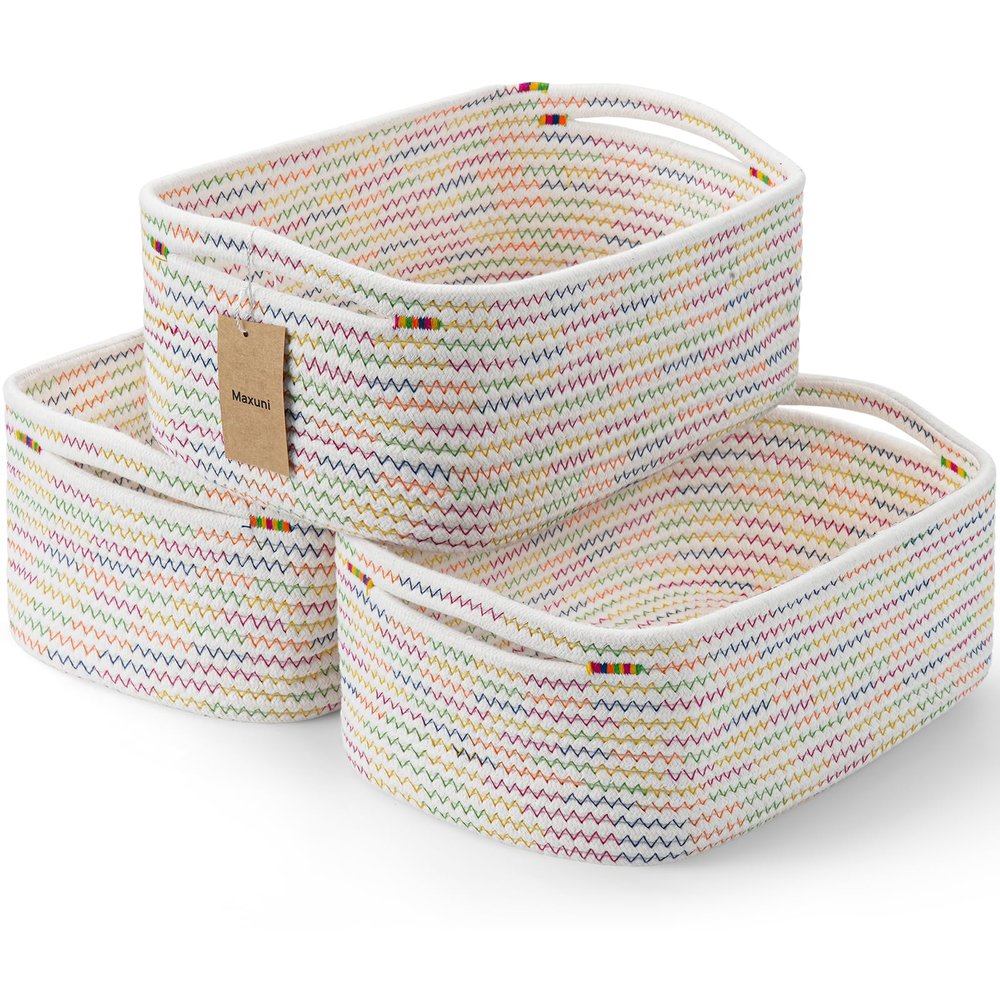 Maxuni 3-Pcs Shelf Baskets for Organizing, Closet Organizer Bins, Small Woven Baskets, Rope Toy Basket, Storage Basket for Shelves, Cube Decorative Box, 11.87.85.1, Rainbow