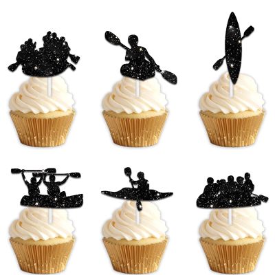 18pcs Black Glitter Silhouette Dessert Cupcake Topper Cheer to Canoe Sport Theme Decor Supplies Men Women Happy Birthday Party Decorations