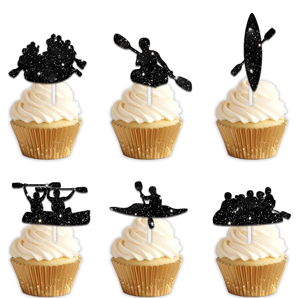18pcs Black Glitter Silhouette Dessert Cupcake Topper Cheer to Canoe Sport Theme Decor Supplies Men Women Happy Birthday Party Decorations