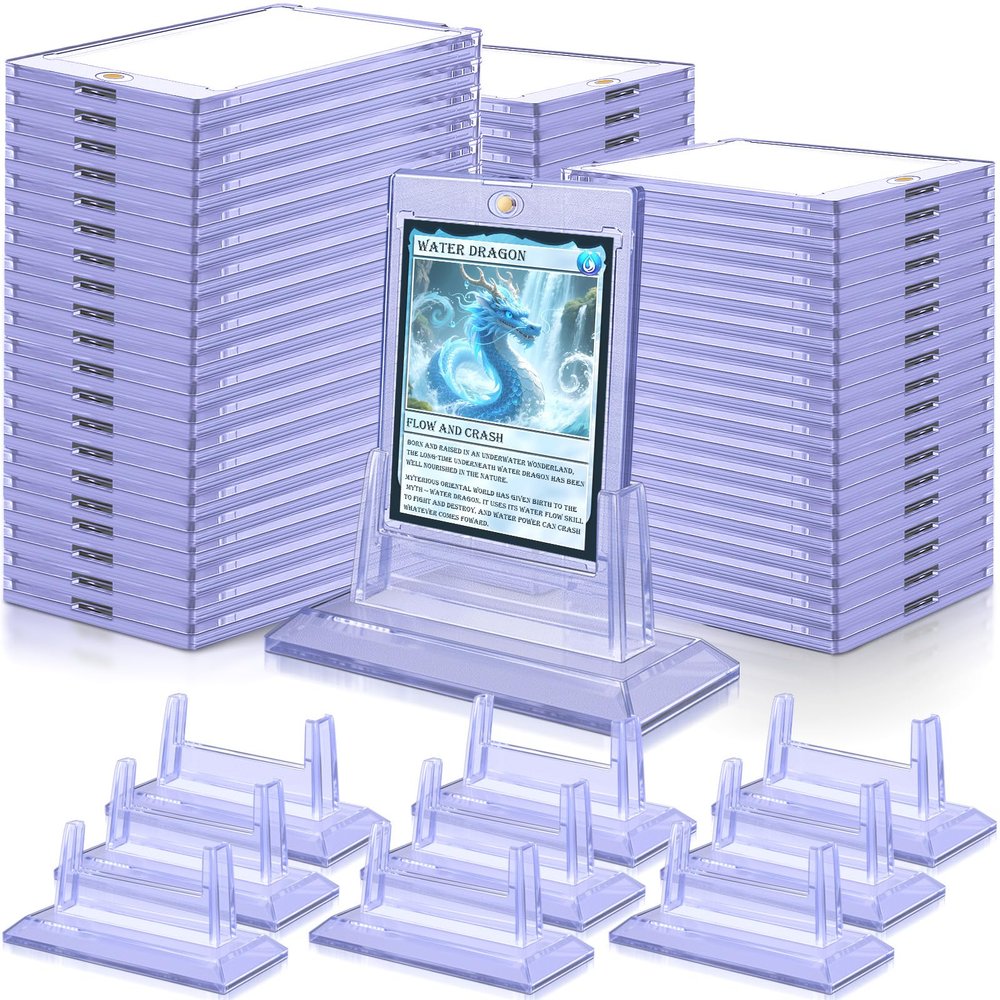 100 Pack Magnetic Card Holders for Trading Cards, 35pt Acrylic Baseball Card Holders Display Case Fit for Sports Cards, Standard Cards, Hard Plastic Card Protectors with 10 Card Stands