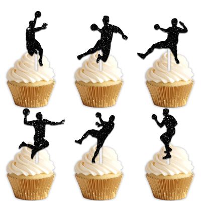18pcs Black Glitter Silhouette Dessert Cupcake Topper Cheer to Handball Theme Decor Supplies Men Women Happy Birthday Party Decorations