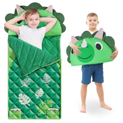 iPlay, iLearn Kid Sleeping Bag, Dinosaur Slumber Sack, Toddler Boy Nap Mat, 2 in 1 Green Dinos Cushion Blanket, Happy Travel Sleepover Daycare Preschool Birthday Gift for 3 4 5 6 Years Old Child