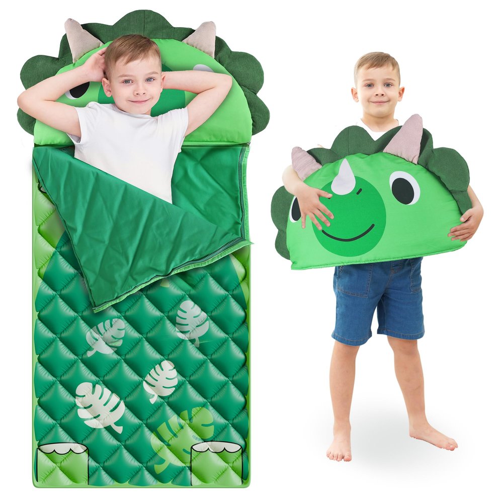 iPlay, iLearn Kid Sleeping Bag, Dinosaur Slumber Sack, Toddler Boy Nap Mat, 2 in 1 Green Dinos Cushion Blanket, Happy Travel Sleepover Daycare Preschool Birthday Gift for 3 4 5 6 Years Old Child