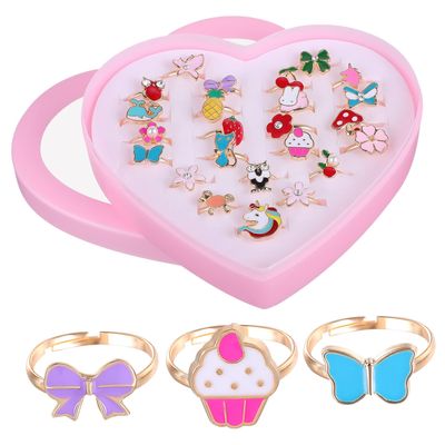 Abaodam 24pcs Girls Ring Box Adjustable Boys and Girls Jewelry Cartoon Style Ring for Dress-up Birthday Party Supplies and Gifts