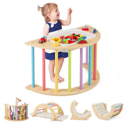 GLACER 6 in 1 Toddler Climbing Toys Indoor, Wooden Baby Arch Gym Set with Removable Soft Cushion, Sensory Table with Storage Bin, Indoor Rocker Montessori Playground for Kids 1-8 Years Old (Colorful)