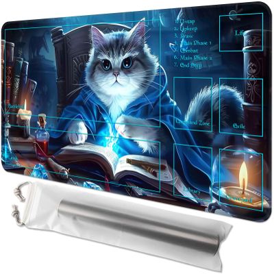 GYSYZJDH Card Playmat for MTG & TCG, 24x14 inch Non-Slip Magic Playmat & Zones, Durable Rubber Surface, Ideal for Card Games & Board Games, Portable with Storage Bag, Magic Cat