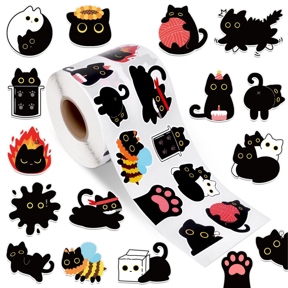 1000Pcs Black Cat Stickers Rolls -16 Patterns Cute Cartoon Cat Stickers, Black Cat Gifts for Adults Kids, Teacher Reward Decals for Water Bottles Laptop Scrapbook