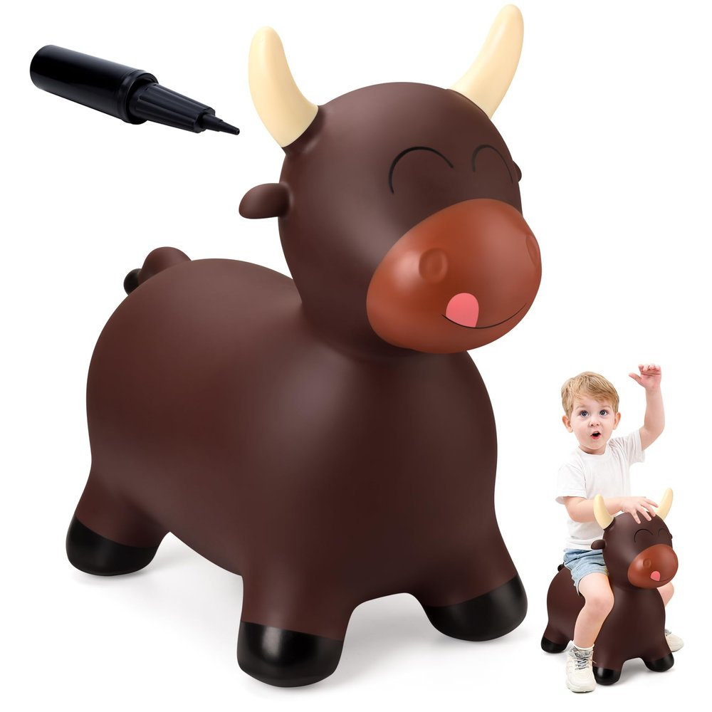 EVERICH TOY Bouncy Bull Hopping Toys, Brown Bouncy Horse Animal Hopper Ride-On, Inflatable Bull Riding Toys for Boys Girls, Birthday Gift for 18 Months 2 3 4 5 6 Years Old Toddler