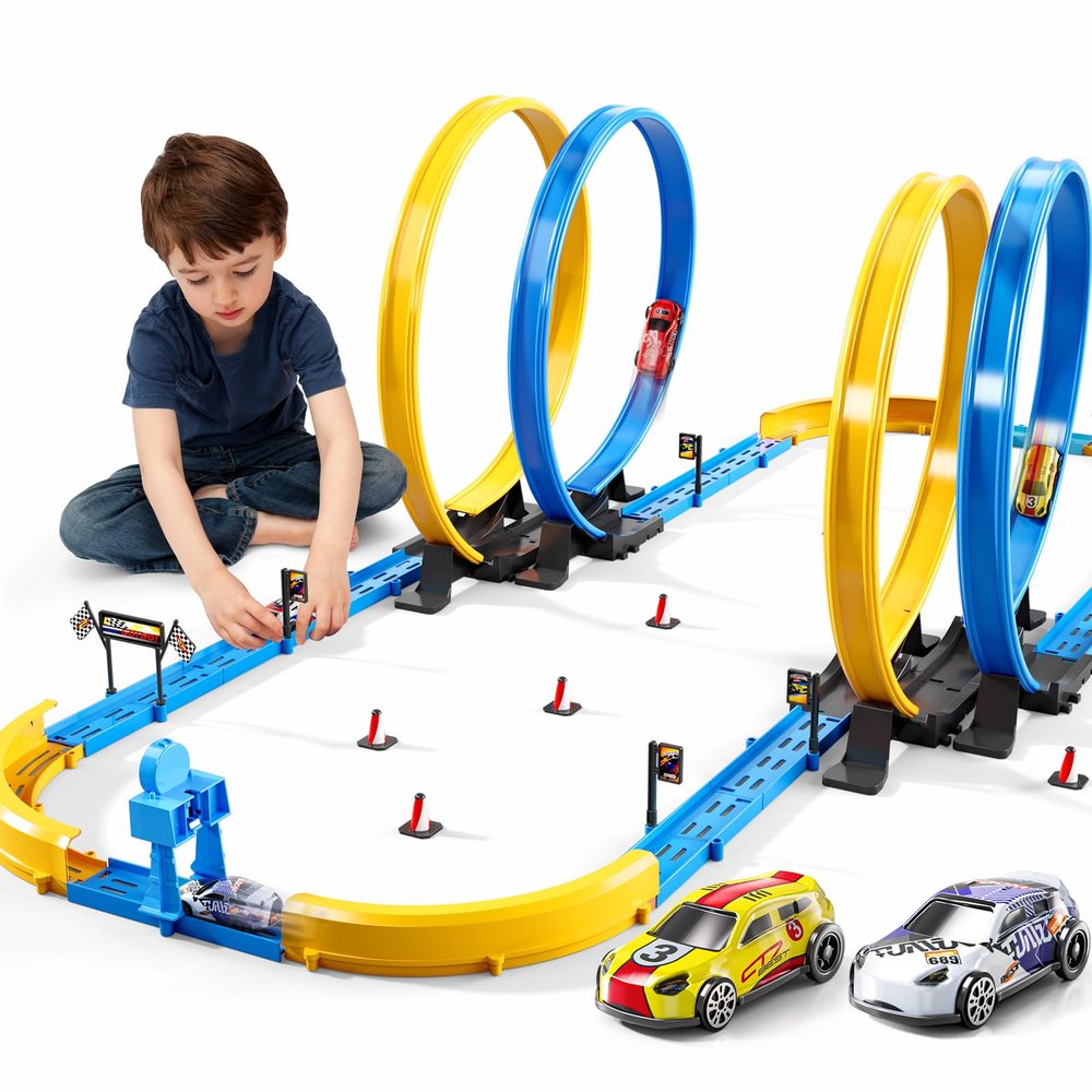 PEADUCK Slot Car Games Race Cars Toys for Boys Kids Age 5-7, Toy Cars Track Set with 4 Slot Cars, Loops and Circular Track, Slot Car Race Track Sets for 3 4 5 6 7 8+ Year Old Boy Girl Birthday Gifts