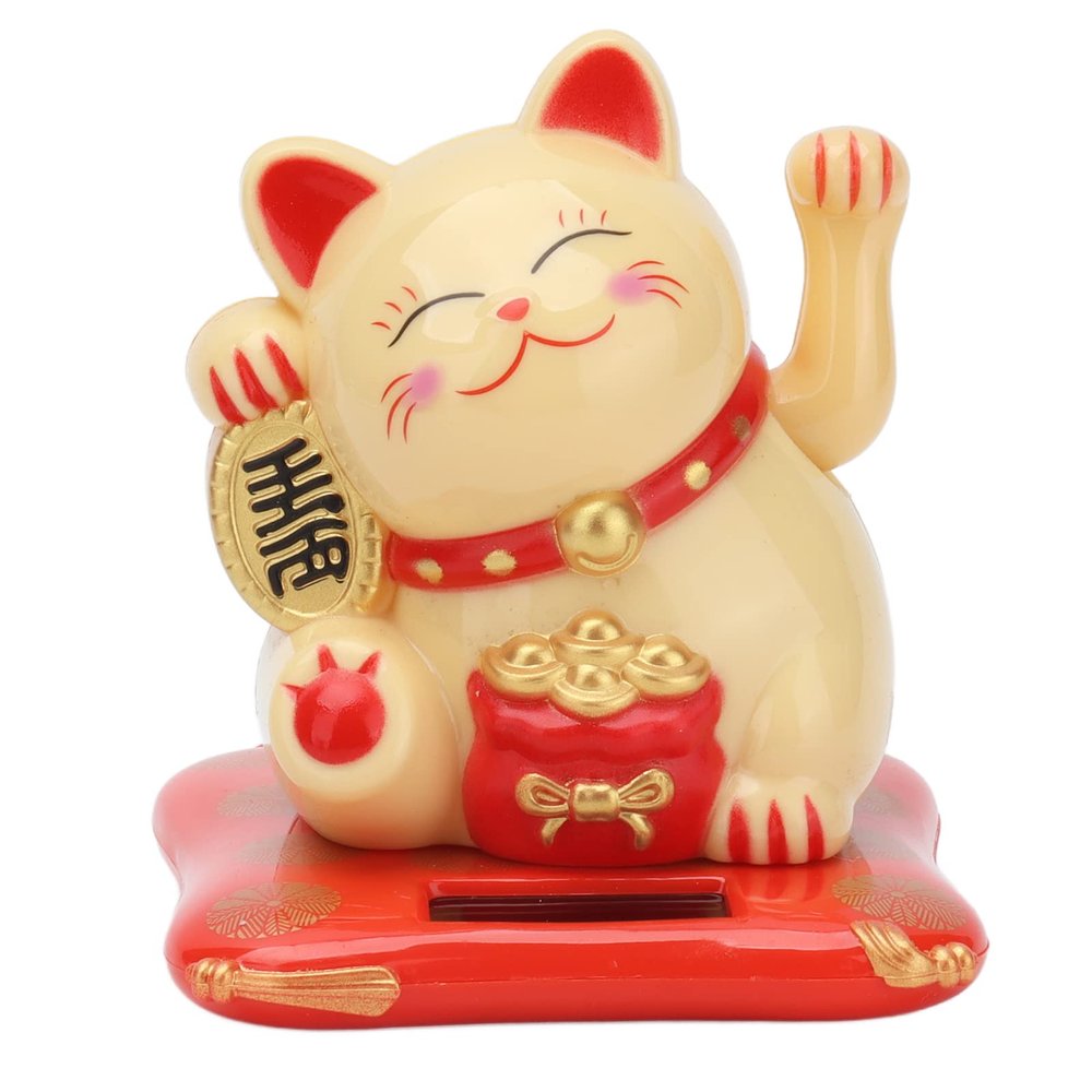 Lucky Wealth, Solar Powered Cute Waving Cat Good Luck Wealth Welcoming Home Display Car Decor (Yellow)