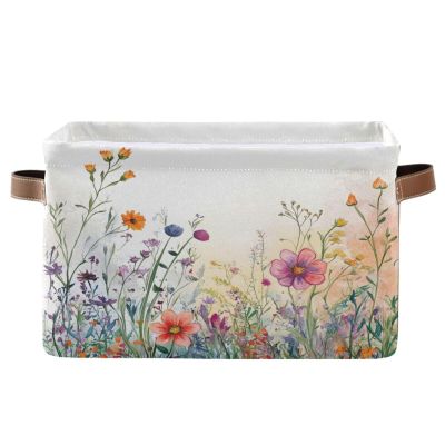 STAYTOP Watercolor Wildflowers Rectangle Storage Basket Collapsible Storage Bins Waterproof Laundry Basket with Handle,Used for Home Closets, Offices, Bedrooms 1PCS