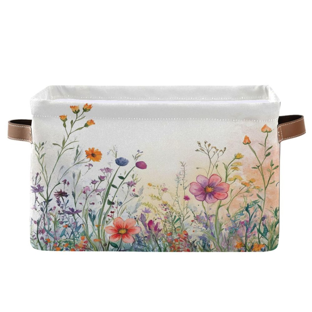 STAYTOP Watercolor Wildflowers Rectangle Storage Basket Collapsible Storage Bins Waterproof Laundry Basket with Handle,Used for Home Closets, Offices, Bedrooms 1PCS