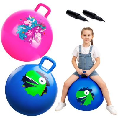 ZOOJOY Hopper Ball 2 Pack, 18 in Bouncy Ball with Handle for Kids, Unicorn & Dinosaur Girls Boys Toys for Indoor Outdoor, Best Inflatable Active Play Toys Gifts for 3 4 5 6 7 8 Yr Old Girls Boys