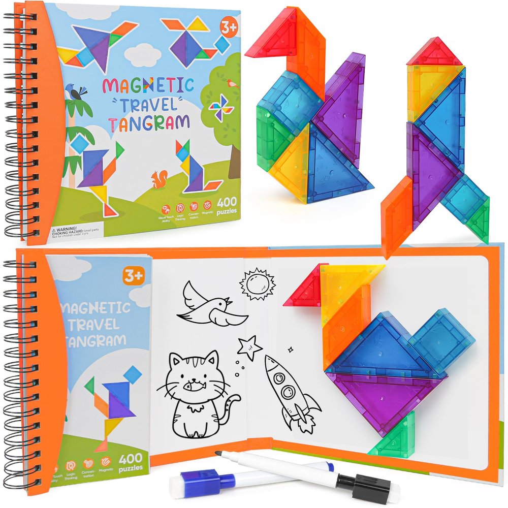 CZTCDP Travel Magnetic Tangram Puzzle - 3D Building Blocks for Road & Plane Travel STEM Toy with 360 Shape Dissection Puzzles & Brain Teasers, Educational IQ Gift for Kids & Adults