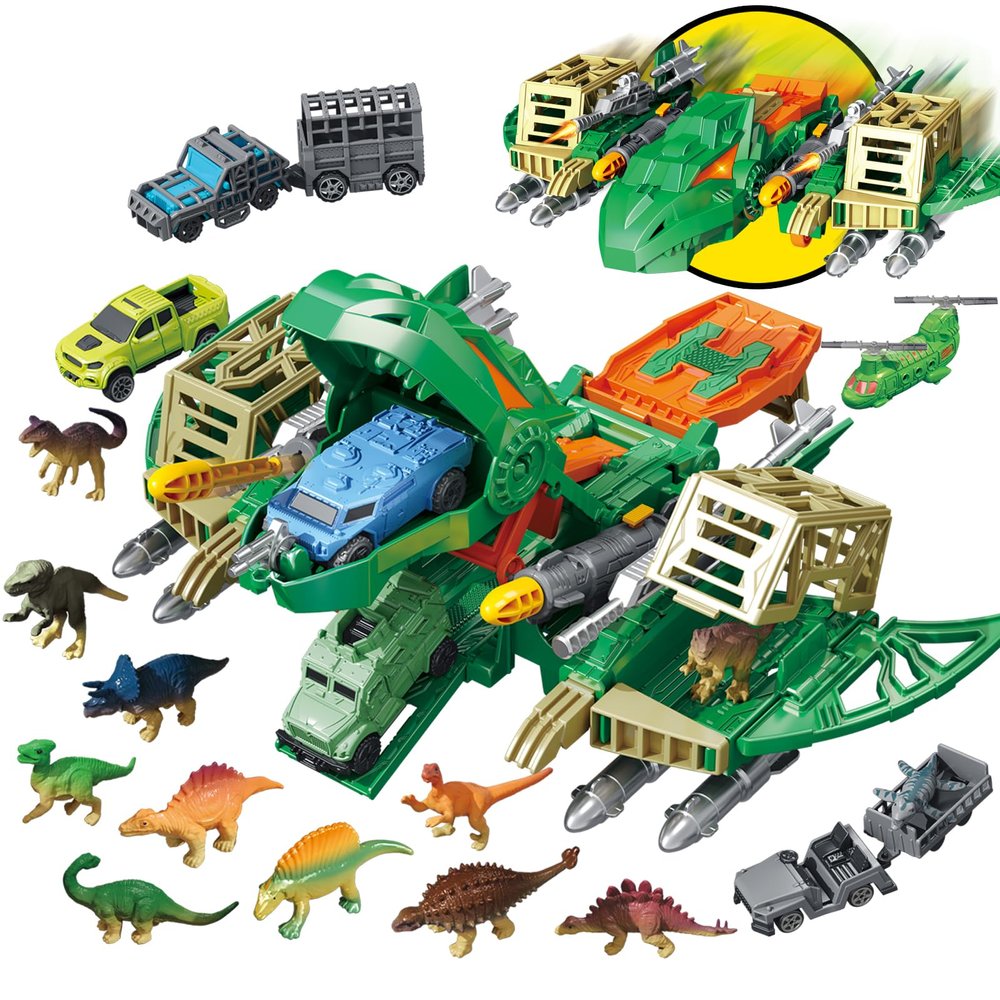 Frontoytall Jumbo Dinosaur Toys for Kids 3-5, 12 Mini Dinosaurs & 6 Truck Carrier Cars, Birthday Gifts Toys for 3 4 5+ Year Old Boy, Create a Dino World, Educational Figures, Dinosaur Play Set