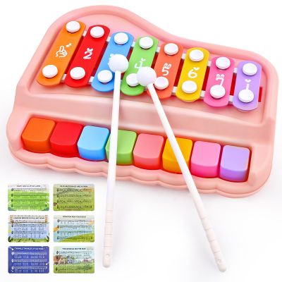 Baby Piano Xylophone Toy for Toddlers Age 1-3, Montessori Musical Toy Double Sided Cards Pink Educational Gift for 1+ Year Old Girl, Safe 3 in 1 Music Toy 8 Colorful Keys for Early Learning
