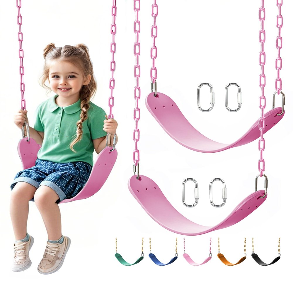 2 Pack Heavy Duty Swing Seats with 66" Rust-Resistant Chains, Swing Set Accessories Replacement with Quick Links, Kids Swings Supports 330 lbs for Outdoor Playground Trees, Pink